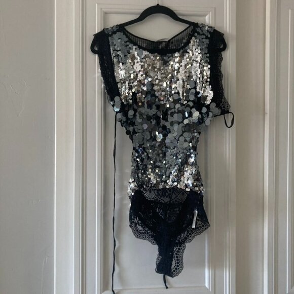 NWT Intimately Free People Main Character Bodysuit Silver Sequence Sz S - Picture 3 of 9